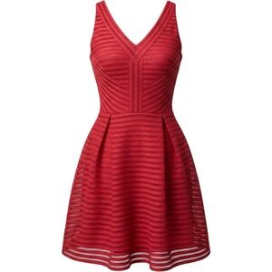 Beulah Style Red Mesh Stripe V-Neck Fit and Flare Skater Dress CD6037 Womens S